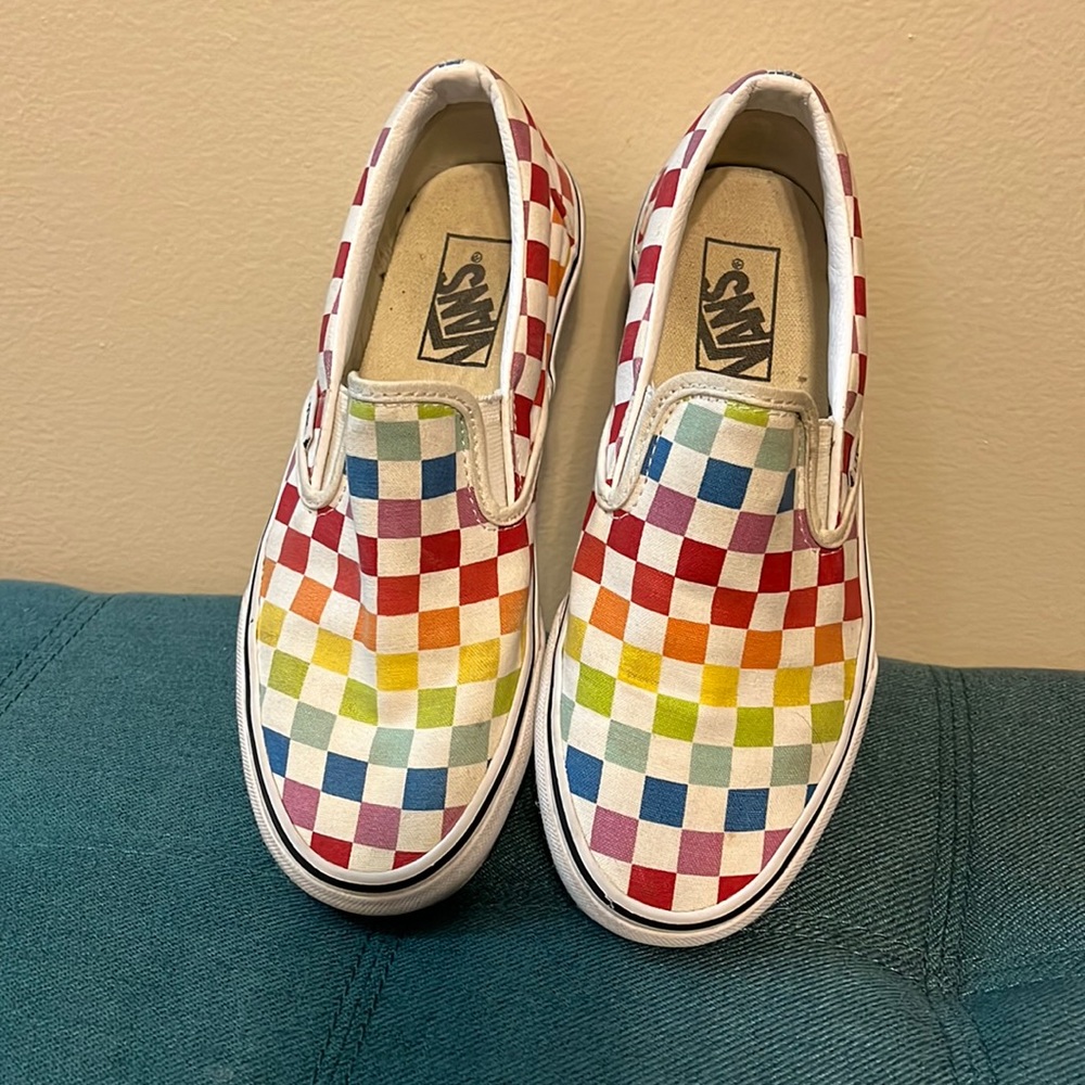Vans, size 7.5, rainbow checkered slip ons